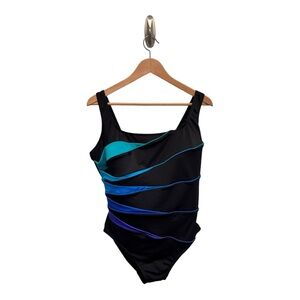 Longitude One Piece Swimsuit Size 16 Black With Peacock Color Accents
